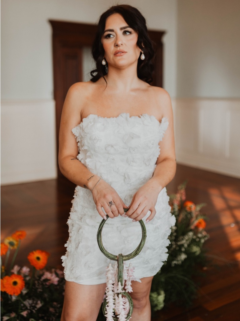 Robert Bullock Bride White Strapless Mini Dress with Floral Appliqué